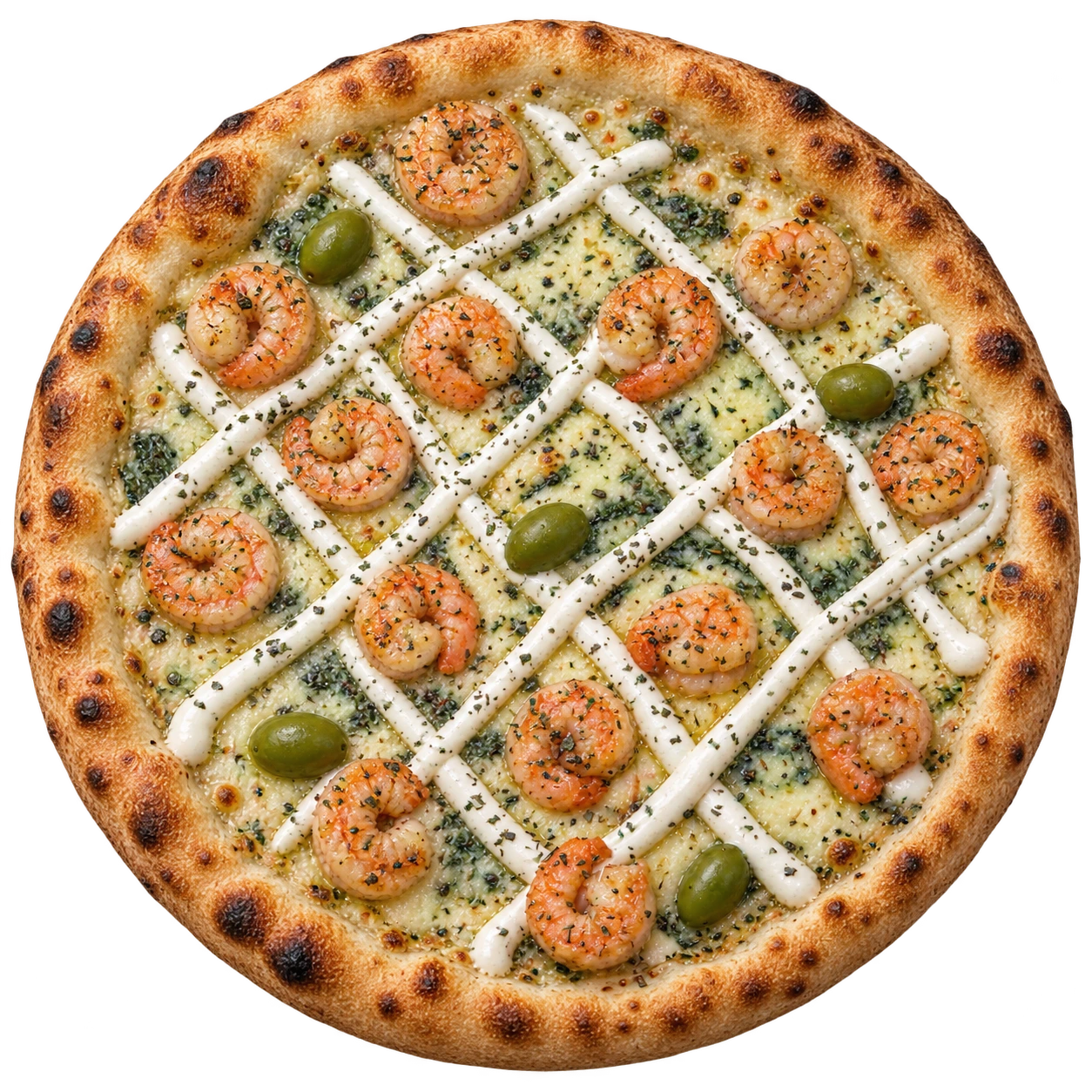 Pizza inteira de camarão, com borda dourada, queijo, azeitonas, ervas e fios de molho cremoso — composição baseada na foto da casa